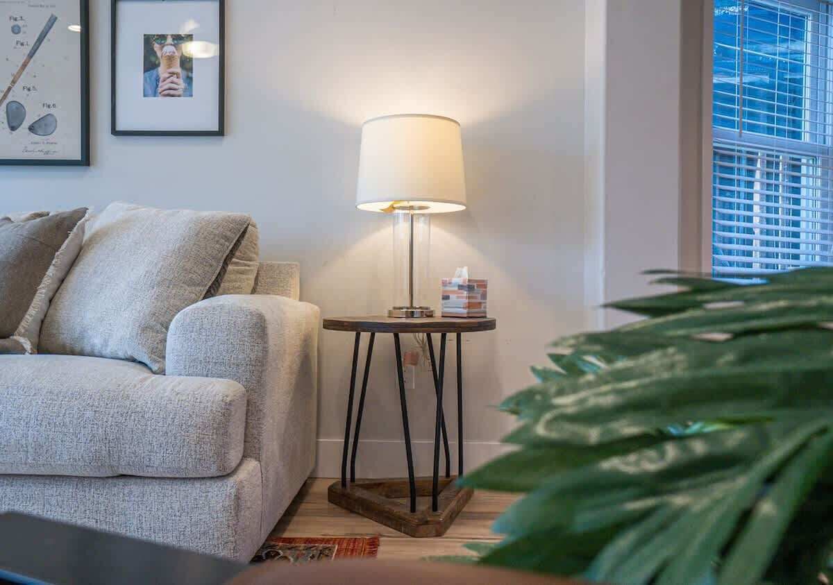 Una sala de estar con un sofá gris, una lámpara de pie, una mesita con una caja de pañuelos y una planta verde grande.