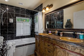 Bathtub, jetted tub, hair dryer, towels