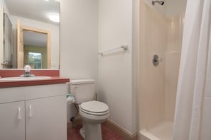 Une salle de bain équipée de toilettes, d’un lavabo, d’un miroir et d’une douche.