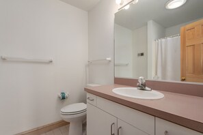 A bathroom with a toilet, sink, mirror, and a shower curtain. - C-Side: Semi-oceanfront, hot tub, community oceanfront pool, walkway to beach by house. (Nags Head)