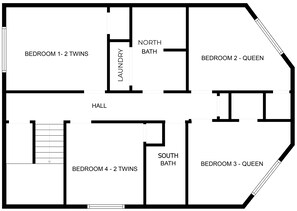 A floor plan with two bedrooms, a north and south bathroom, a laundry area, a hall, and a staircase.