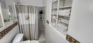 Dusche, Haartrockner, Handtücher, Seife