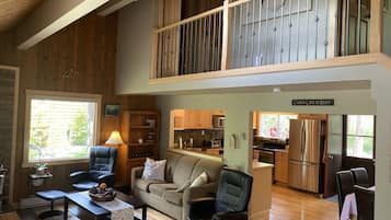 TV connectée, cheminée, lecteur de DVD, livres