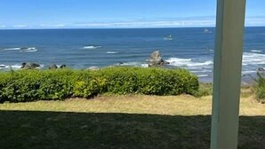 Vista del océano con olas rompiendo en la costa, cielo despejado y una zona verde con arbustos en primer plano.