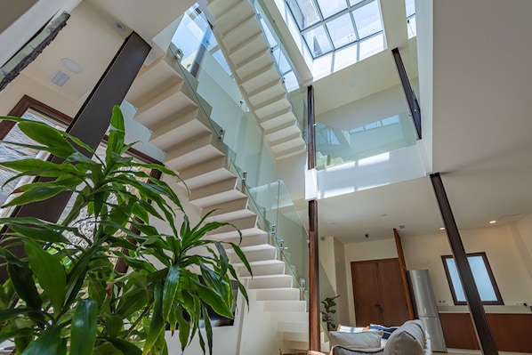 A modern interior with a glass staircase, a large potted plant, and a kitchen area.