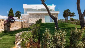 A modern house with a stone facade, a flat roof, and a large glass window.