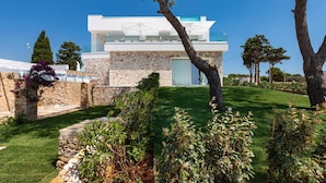 Une maison moderne avec une façade en pierre, un toit plat et une grande baie vitrée.
