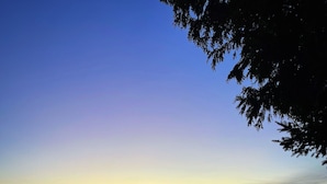 Ranta, jossa on tyyni meri ja kirkas taivas auringonlaskun aikaan.