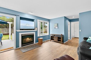 Smart TV, fireplace, books