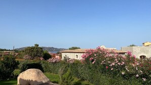 Ländliche Landschaft mit einem Steinhaus, üppigem Grün und rosa Blüten.