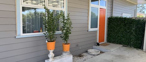 A house with two potted plants in front of a window, a concrete pathway, and a small step leading to the door.