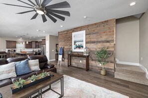 Smart TV, fireplace, foosball