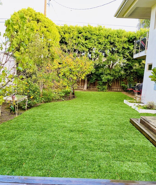 A well-maintained backyard with a neatly trimmed lawn, a wooden deck, and a variety of trees and shrubs.