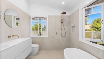Combined shower/bathtub, hair dryer