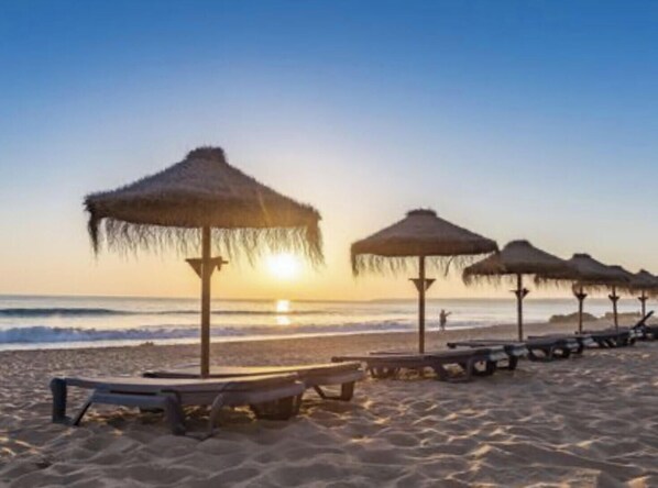 Una playa con sombrillas de paja y sillas de descanso.