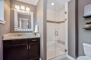 Hair dryer, towels, soap, shampoo