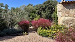 Un jardin avec un chemin de gravier, différentes plantes à fleurs et un bâtiment en pierre.