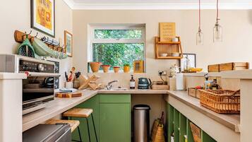 Fridge, microwave, stovetop, electric kettle