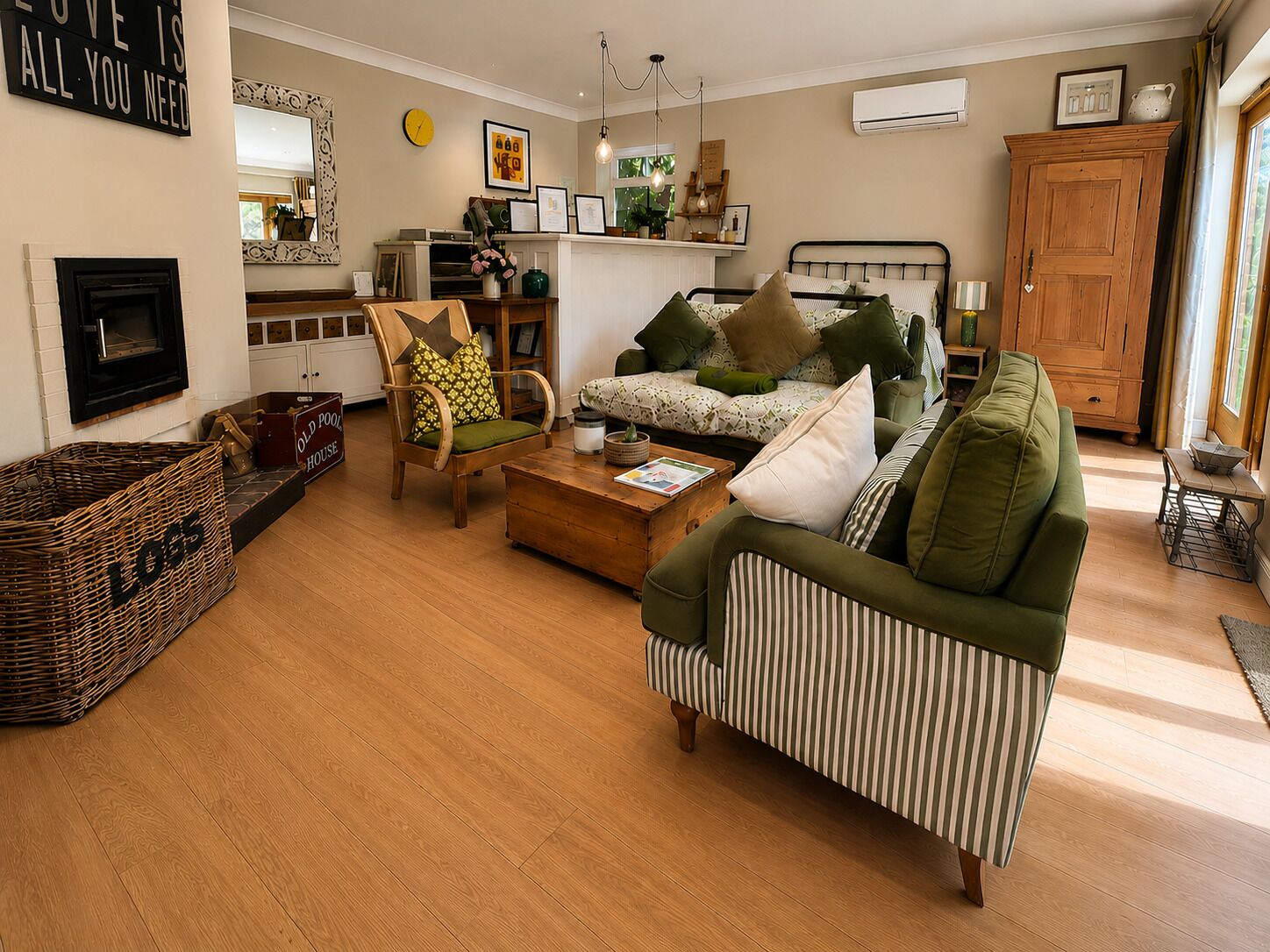 Smart TV, fireplace, books