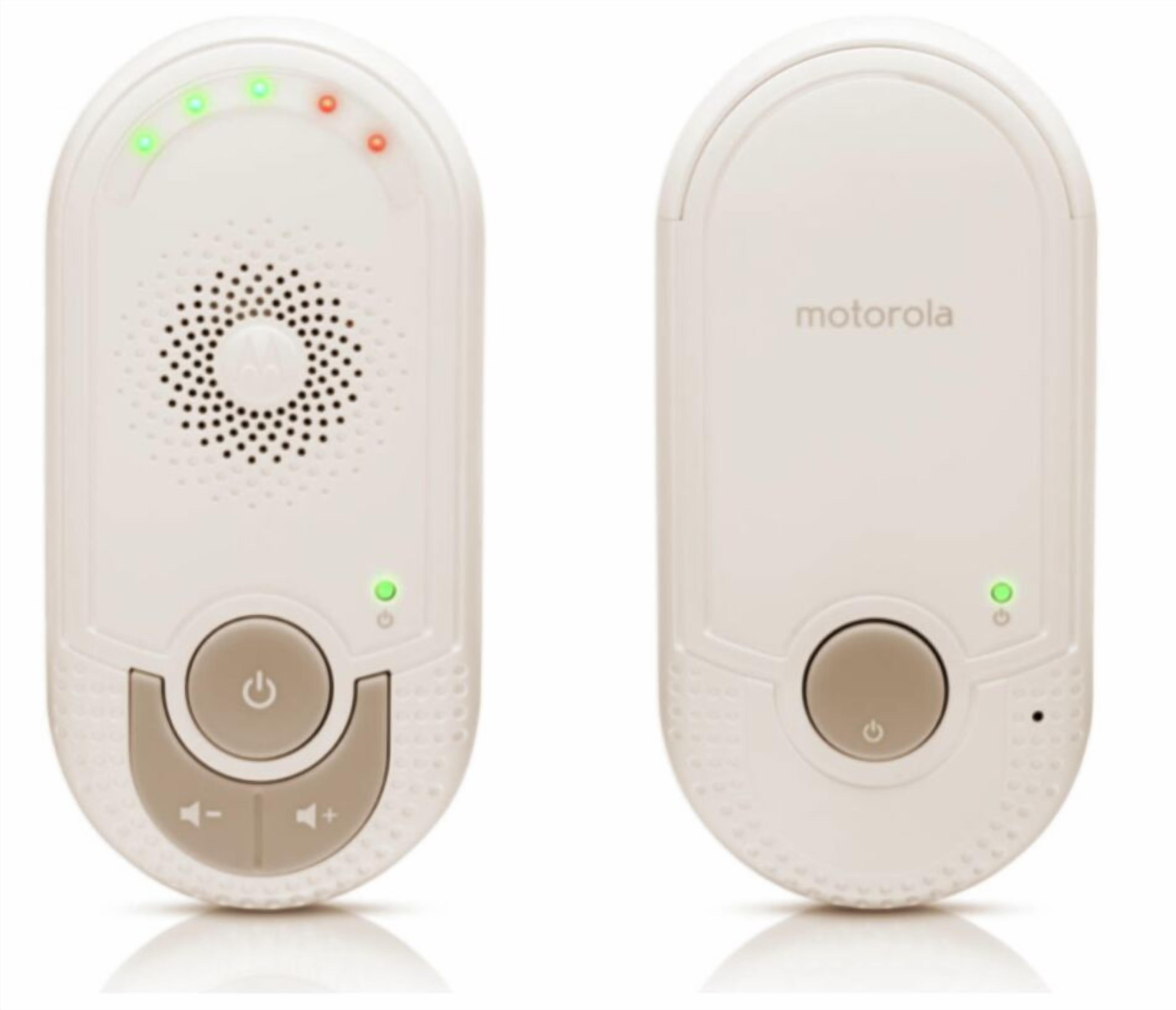 A white Motorola device with a circular speaker, a power button, and directional controls.