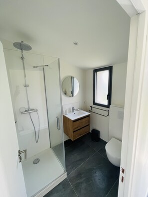 Combined shower/tub, soap, toilet paper