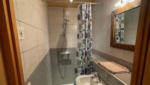 A bathroom with a shower, a sink, and a mirror. - Chalet, Ground floor, parking, tv, ski locker, 44m², Le Grand Bornand (Le Grand-Bornand)