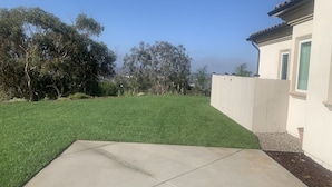 Un jardin arrière d’une maison, avec une pelouse bien entretenue, une terrasse en béton et une clôture en bois.