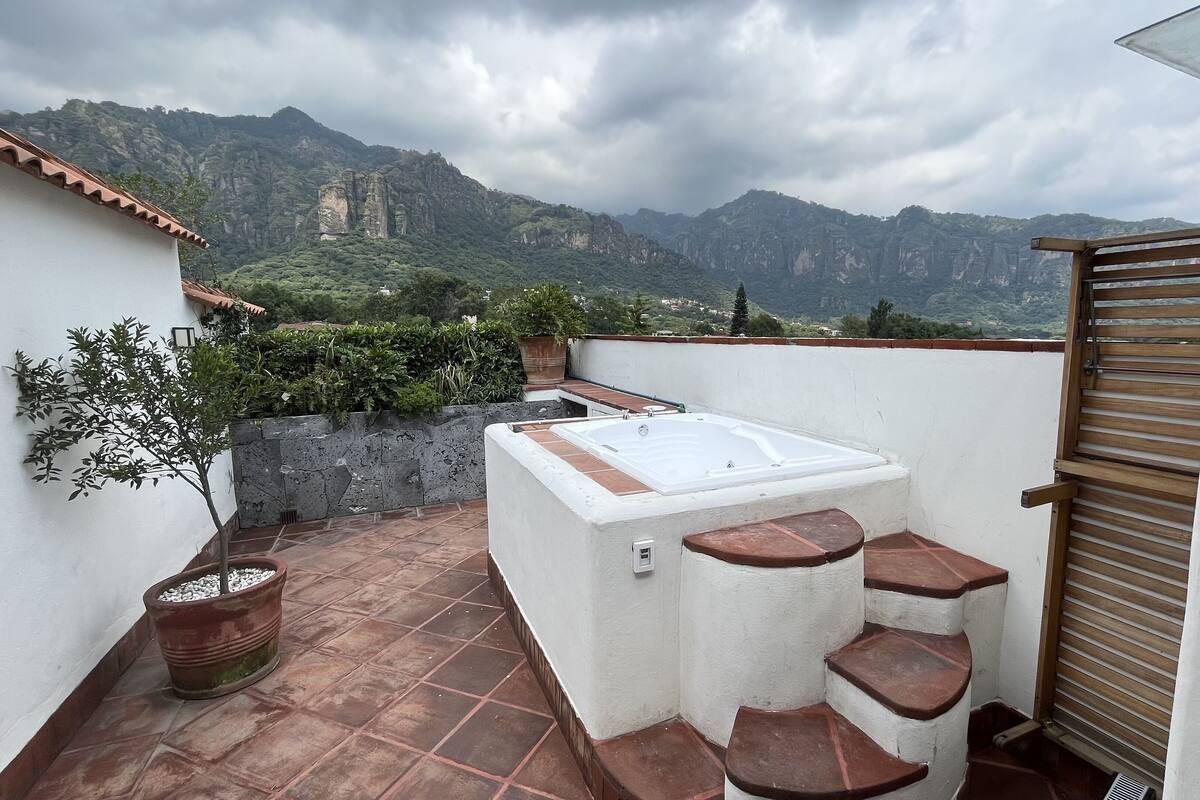 A small outdoor area with a hot tub, a wooden bench, and a potted plant.