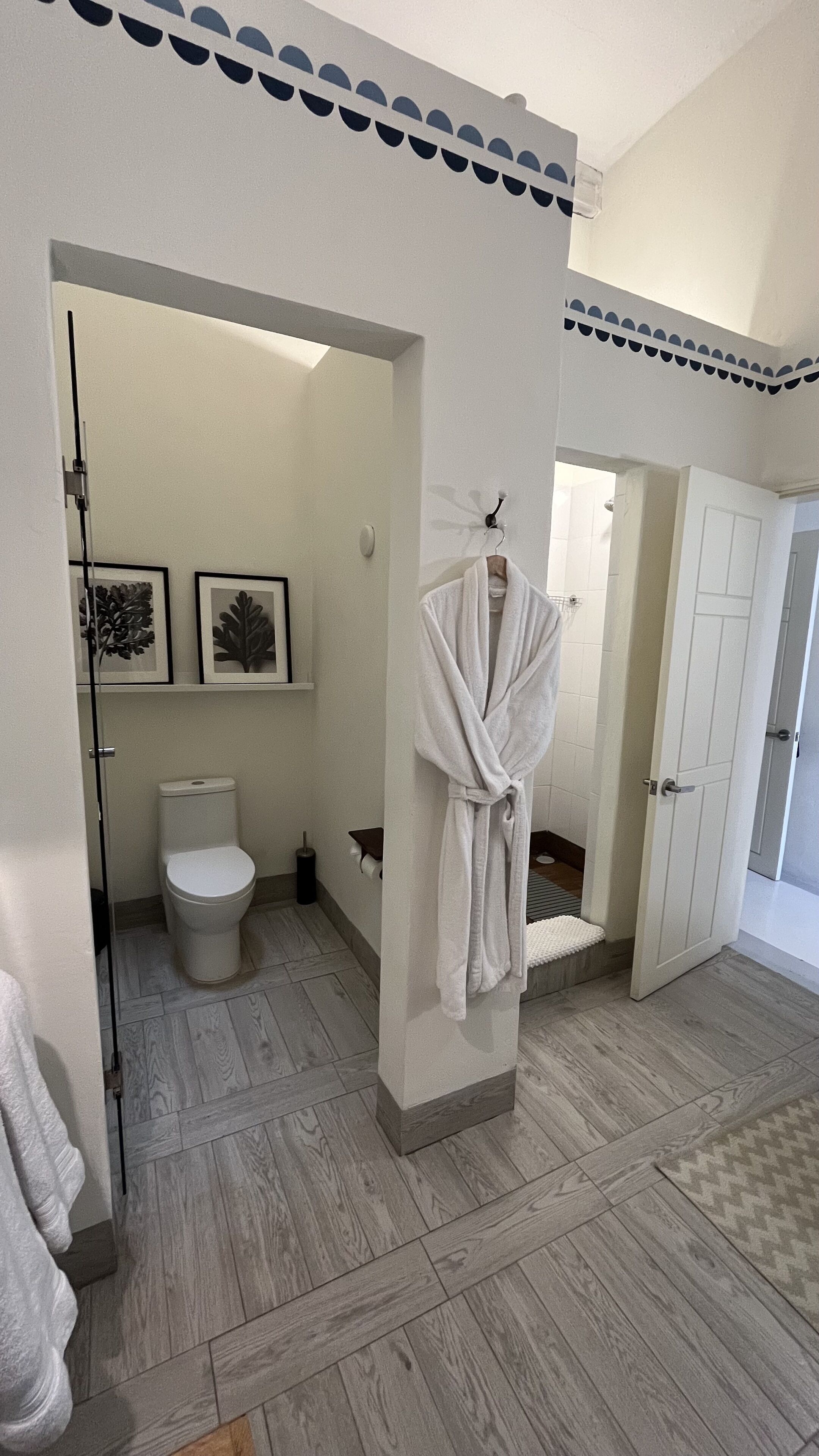 A bathroom with a toilet, a sink, and a robe hanging on a hook.