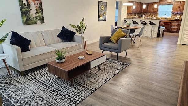 Una sala de estar moderna con un sofá, un sillón, una mesa de centro y un tapete estampado.