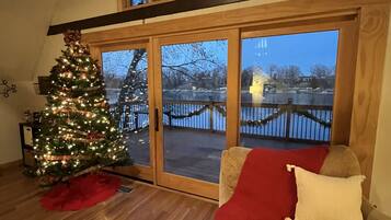 Smart TV, fireplace, books