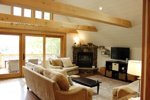 Smart TV, fireplace, books