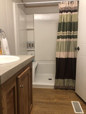 Combined shower/tub, hair dryer, towels, soap