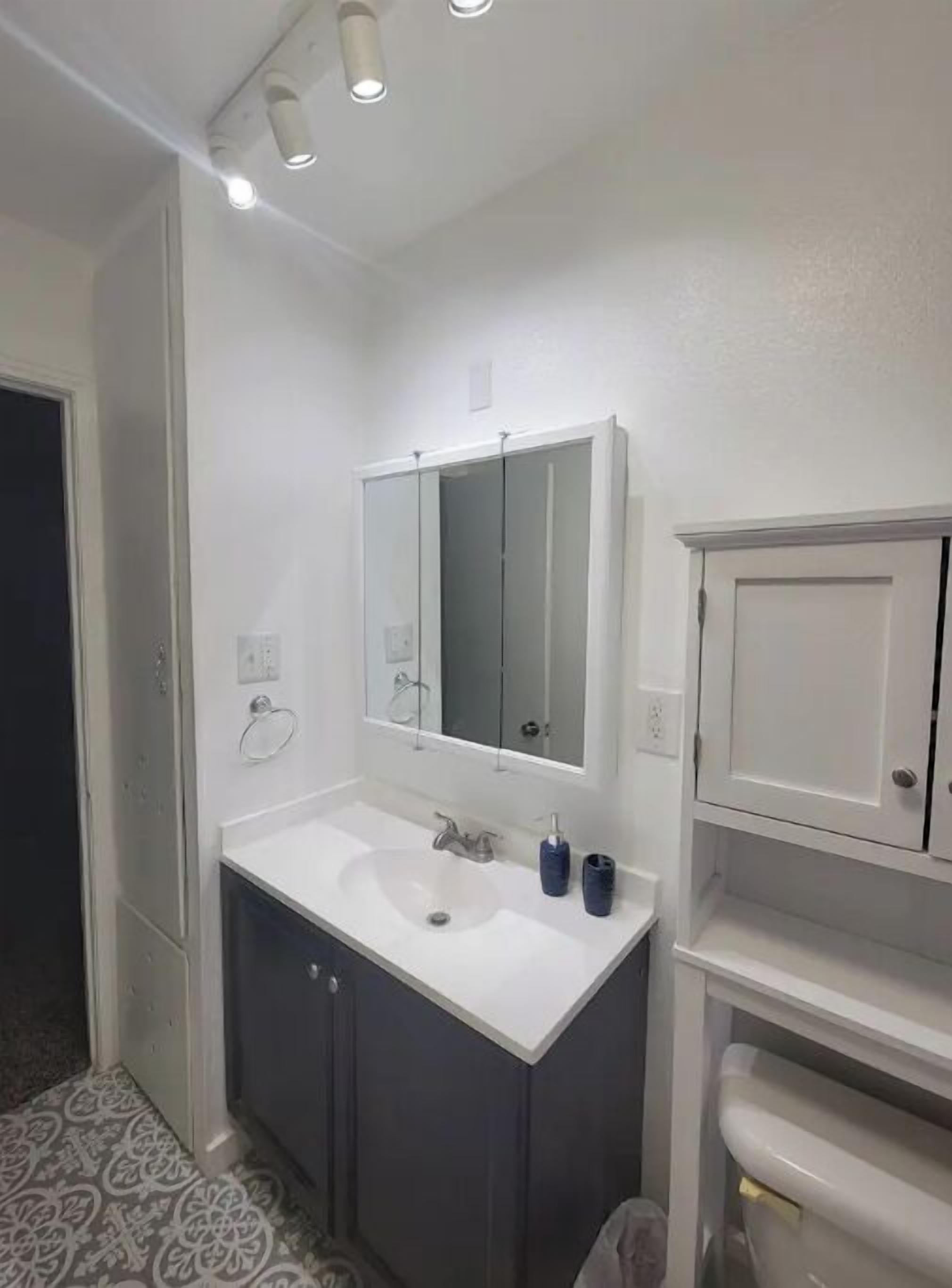Combined shower/bathtub, hair dryer, towels, toilet paper