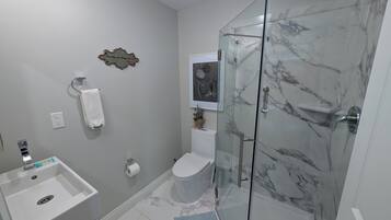 A modern bathroom with a glass shower enclosure, a white sink, and a toilet.