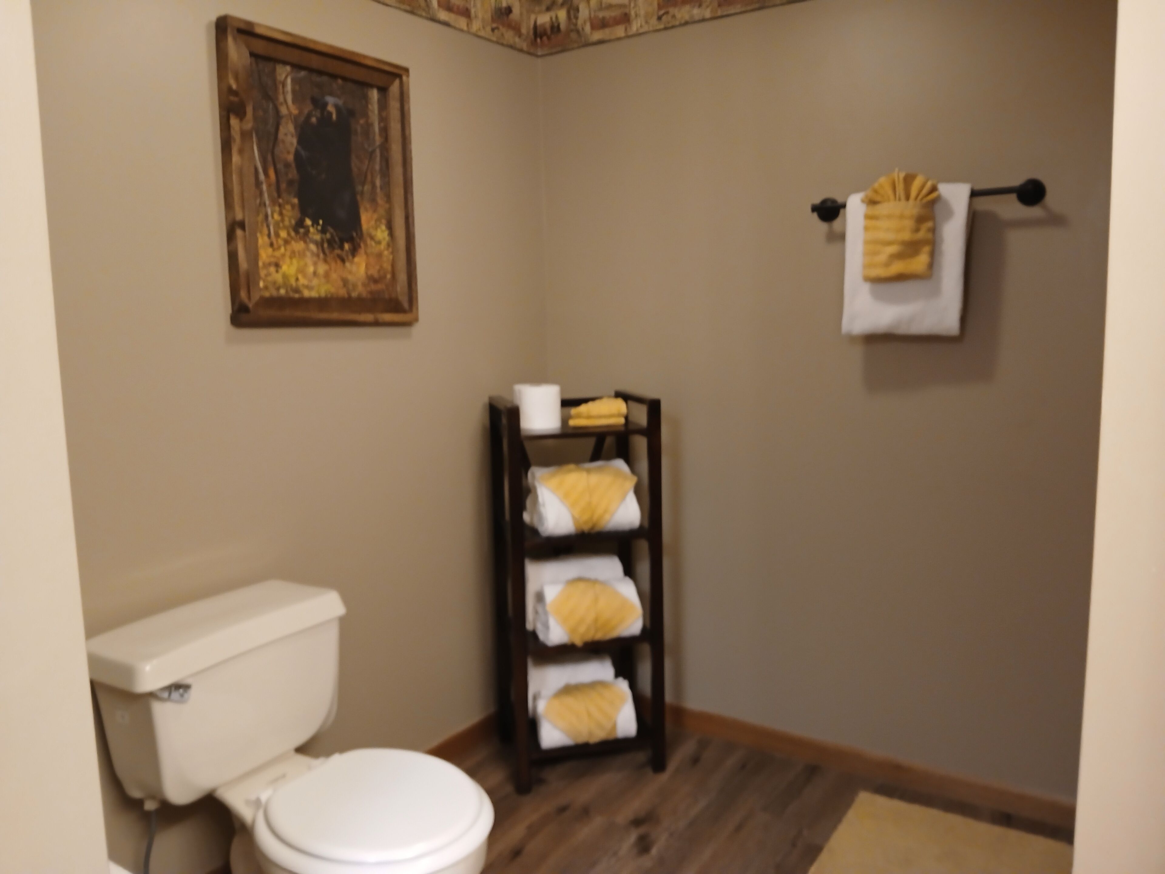 Un bagno con il water, uno scaffale con asciugamani, un quadro appeso al muro e un porta asciugamani.