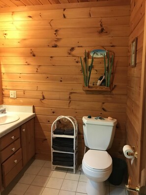 Combined shower/bathtub, hair dryer, towels, soap