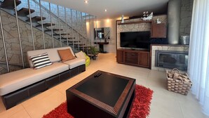 Uma sala de estar moderna com um sofá, uma mesa de centro, uma televisão e uma lareira.