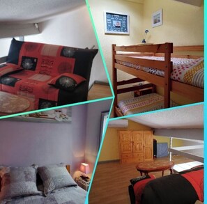 2 chambres, fer et planche à repasser, lit de bébé portatif
