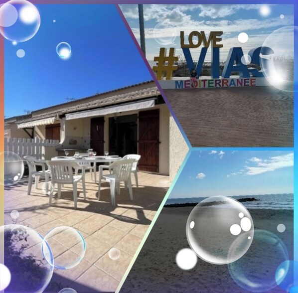 A Mediterranean-style building with outdoor seating and a view of the sea. - Air-conditioned villa, 300 m from Farinette Beach (Vias)