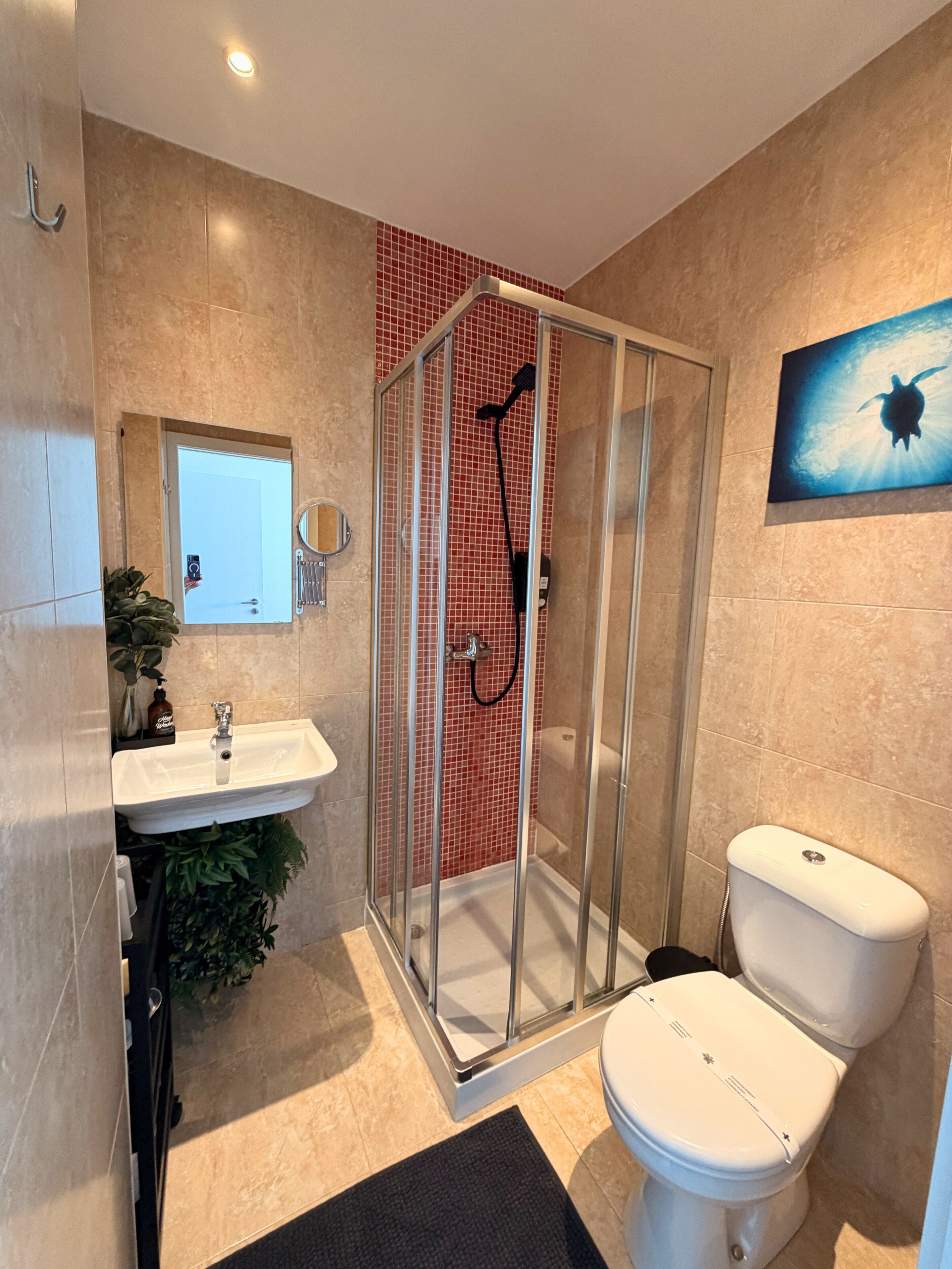 A modern bathroom with a glass-enclosed shower, a white sink, and a toilet.