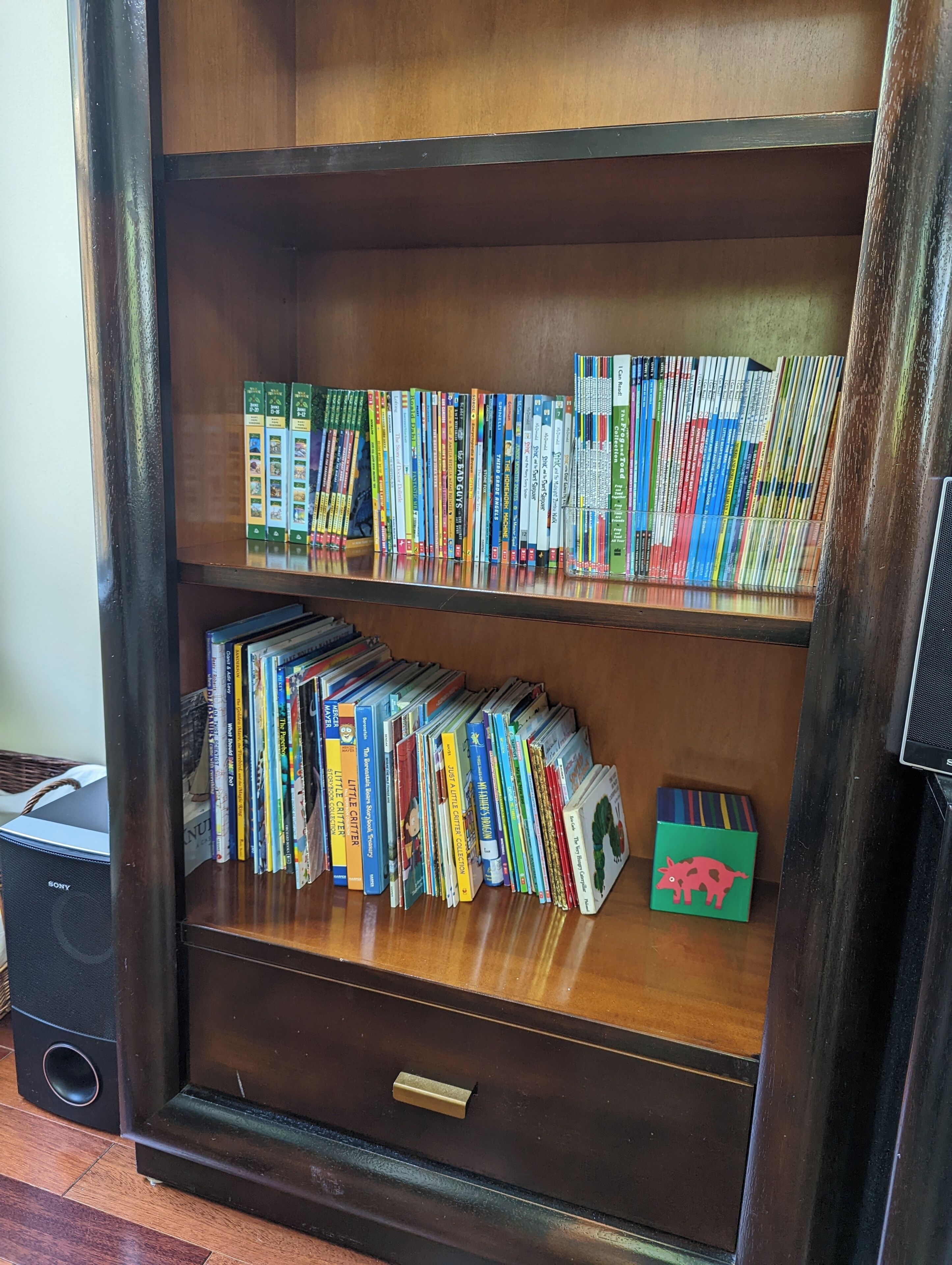 Une bibliothèque en bois, dotée de plusieurs étagères remplies de livres.