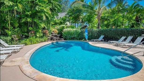 Une piscine ronde à l’eau d’un bleu cristallin, entourée de chaises longues et d’une végétation tropicale luxuriante.