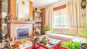 Una sala de estar acogedora con chimenea de ladrillo, una estantería, un sofá y diversos objetos decorativos.