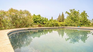 Una piscina con agua cristalina, rodeada de abundante vegetación y árboles.