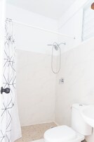 Un baño con ducha, inodoro y un perchero para toallas.