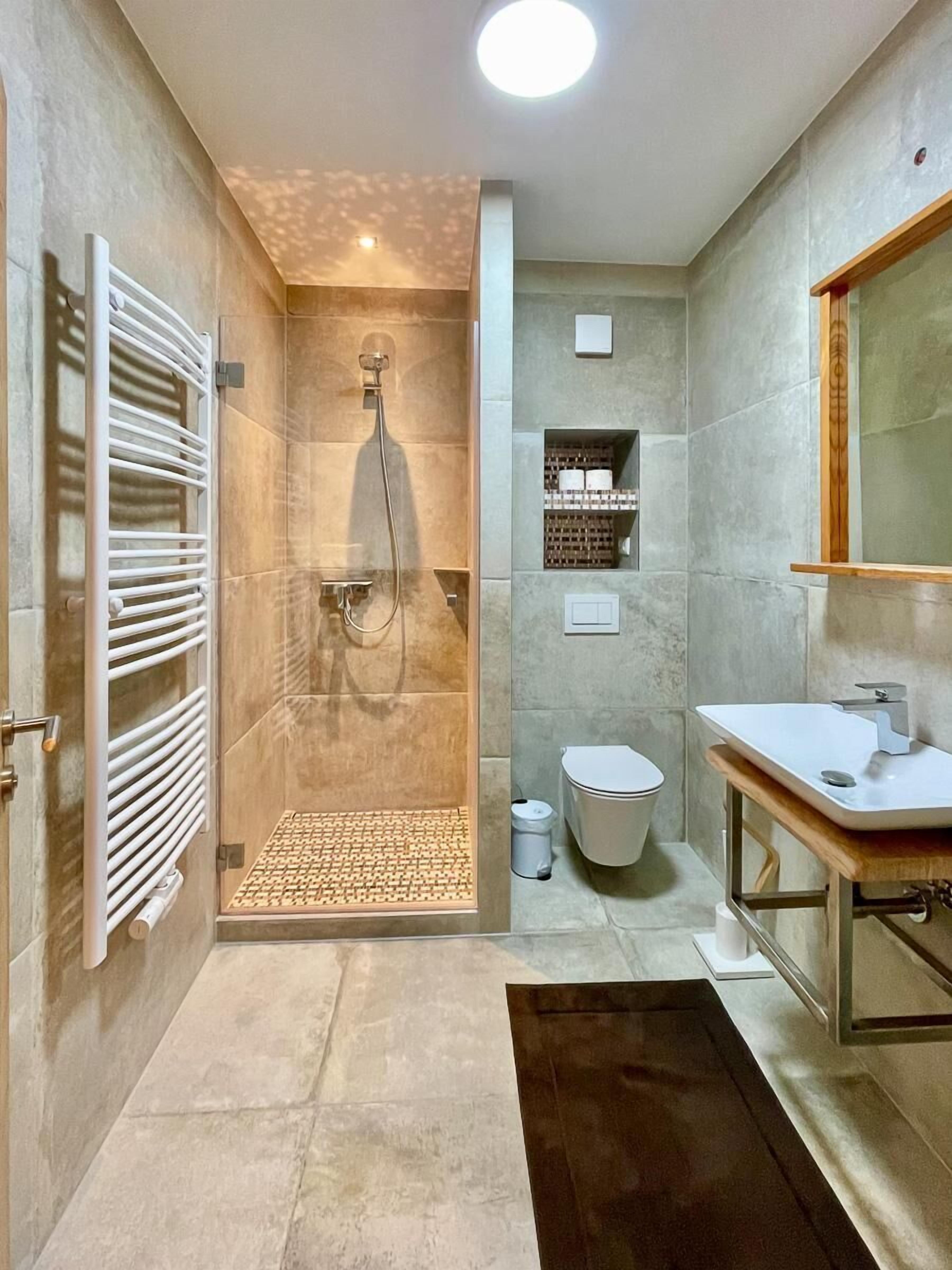 Bathtub, hair dryer, soap, toilet paper