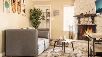 Smart TV, fireplace, books