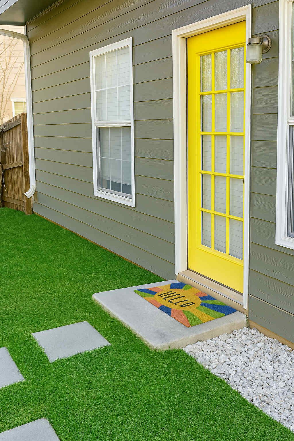 A house with a yellow front door, a small porch with a 'HELLO' mat, and a wooden fence.