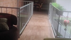 A room with a wooden floor, a brick wall, a metal railing, and a view of the street.
